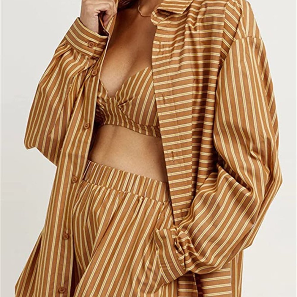 Mylleure Three Piece Pajama Set Longe Sleeve Blouse Bralette Top + Shorts